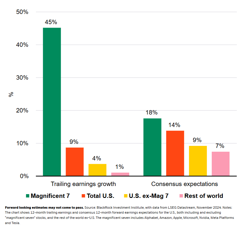 12-month trailing and forward earnings expectations for U.S. versus rest of world