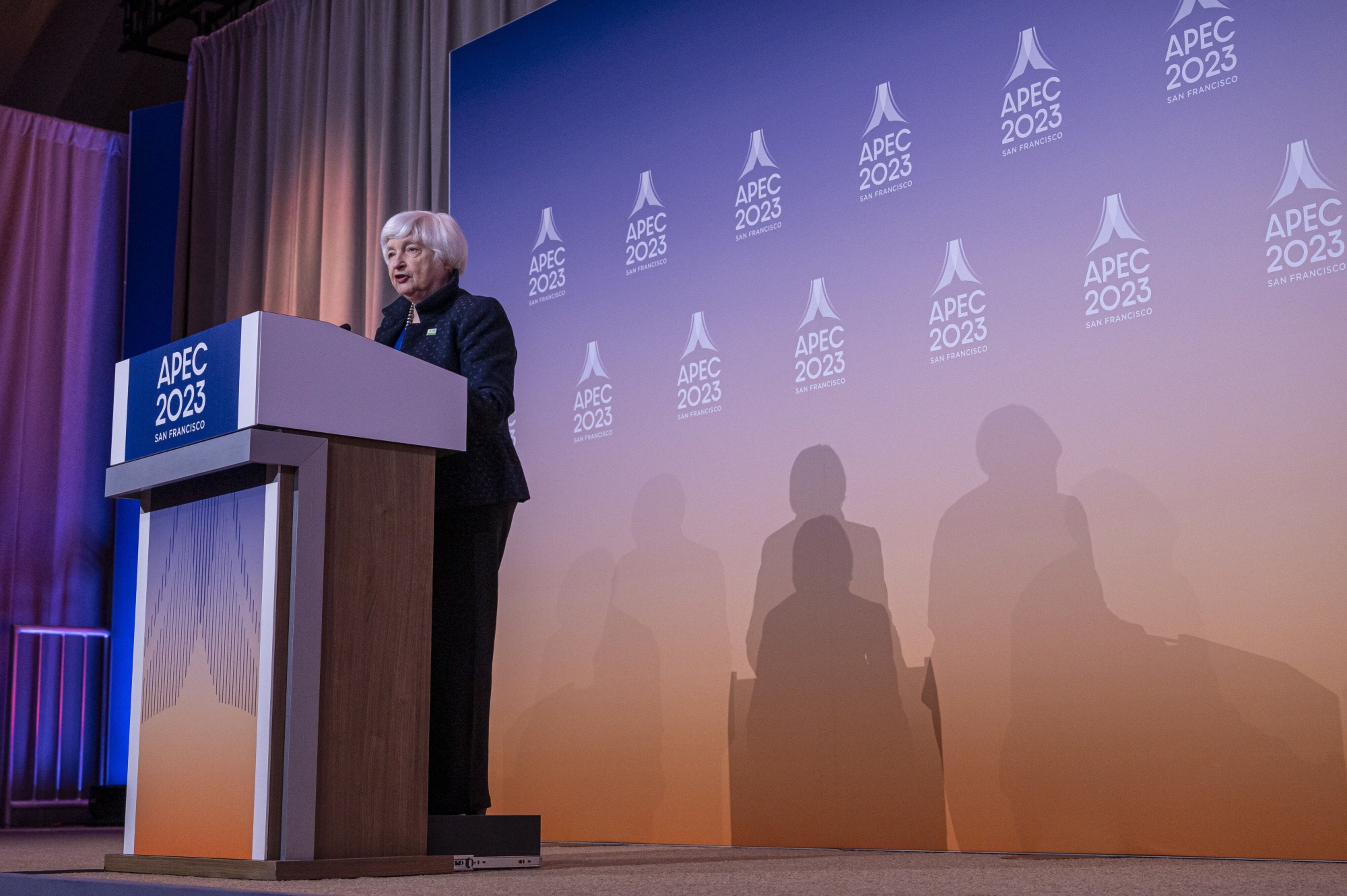 Janet Yellen, US Treasury secretary, during a news conference following the the Asia-Pacific Economic Cooperation (APEC) Finance Ministers Meeting in San Francisco, California, US, on Monday, Nov. 13, 2023. Yellen will visit China again next year at her counterpart's invitation, as officials in the worlds two biggest economies seek to boost contact further and improve tense relations. Photographer David Paul MorrisBloomberg