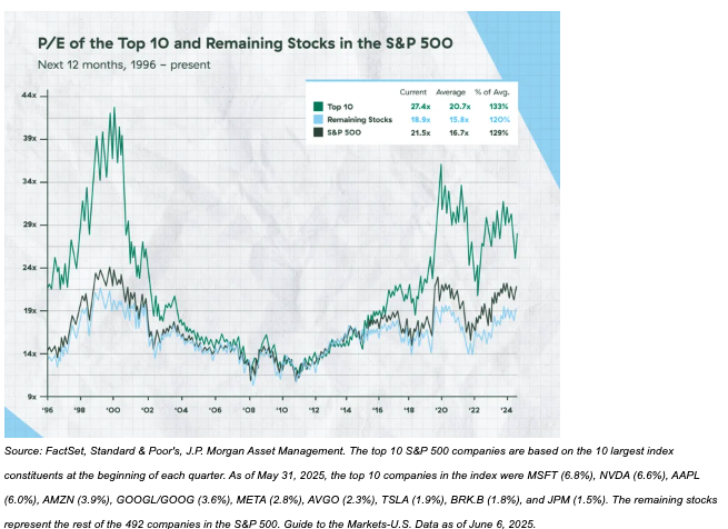 P/E of the Top 10 Stocks graph