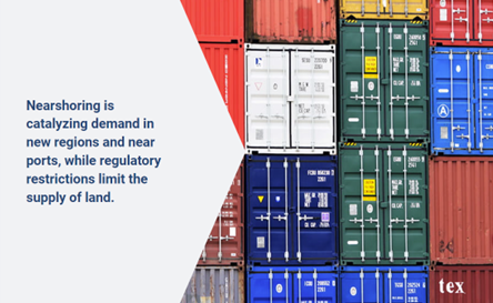 Nearshoring is catalyzing demand in new regions and near ports while regulatory restrictions limit supply of demand